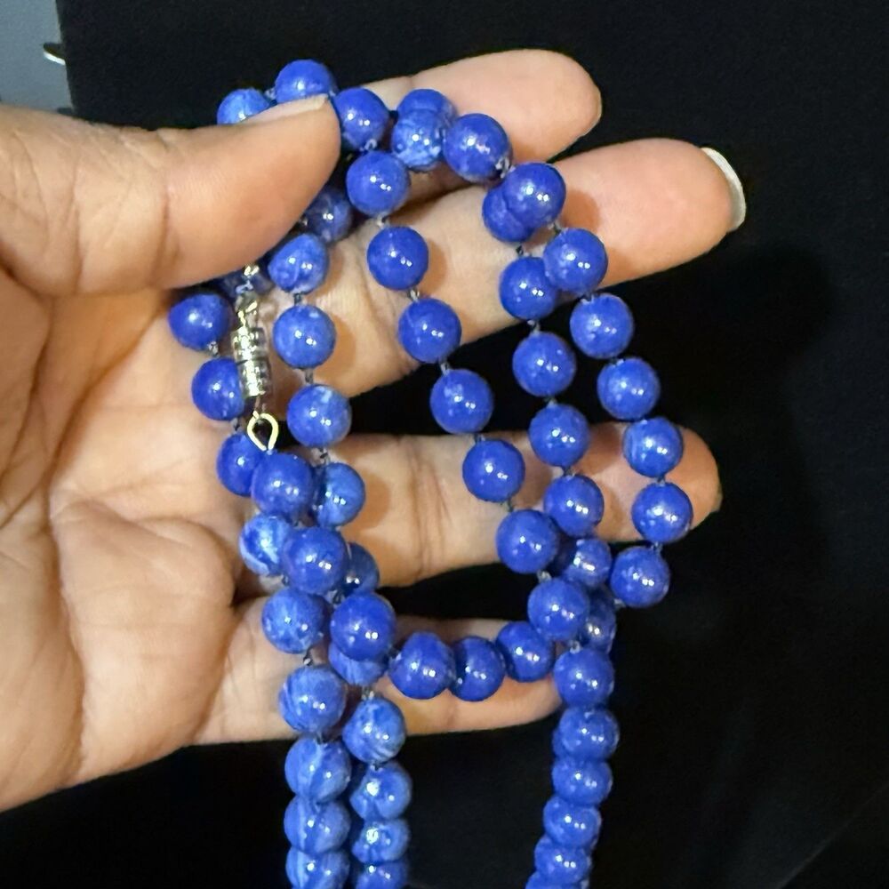 Long Blue Beaded Necklace Marbled Round Beads Double Strand Screw Clasp - Picture 6 of 12